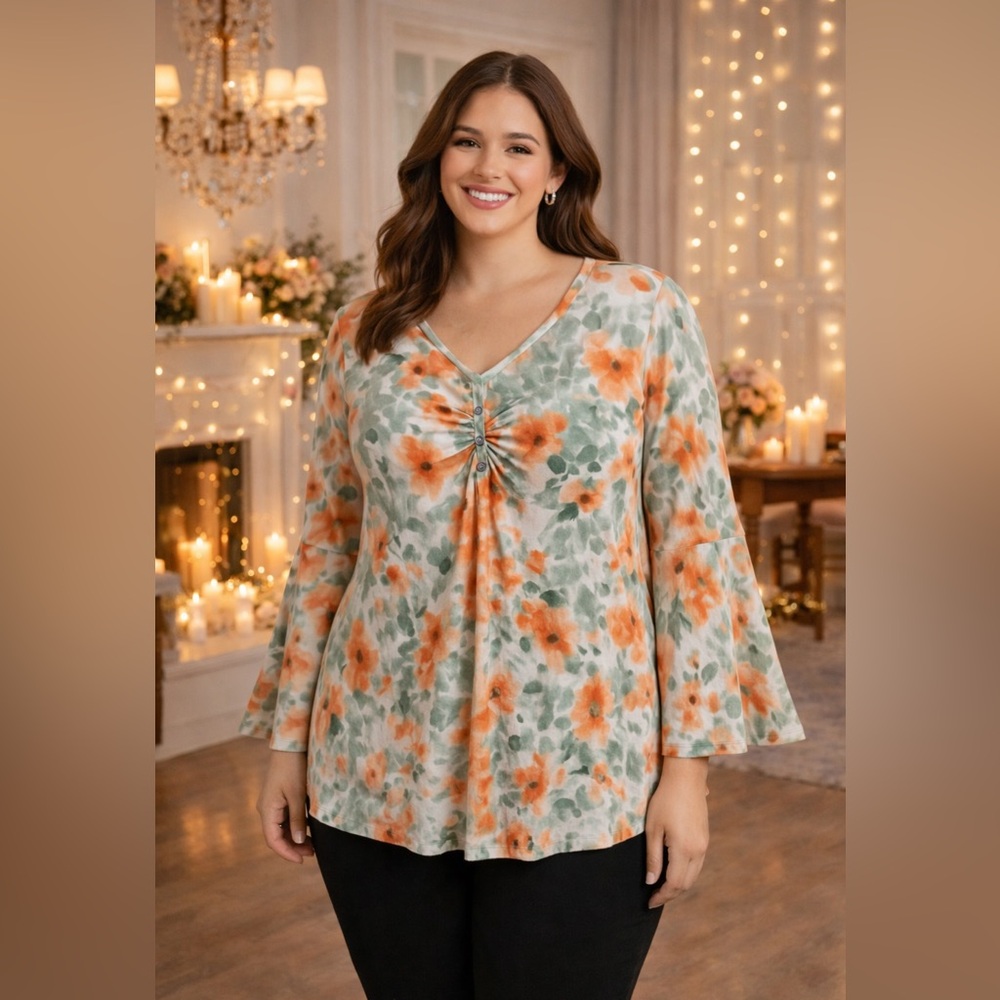 Cato Orange Grey Floral Bell Sleeve Blouse